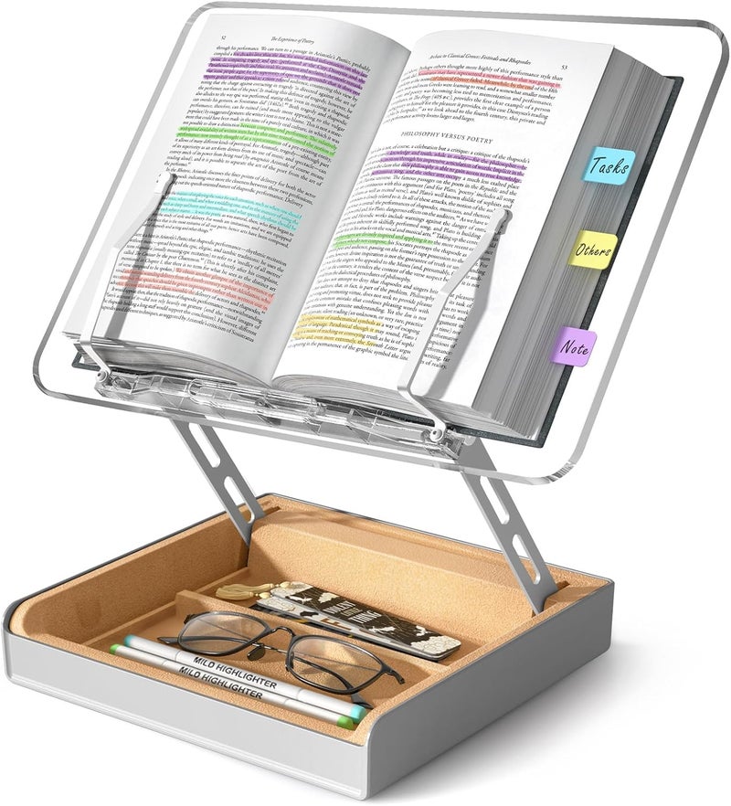 HUMANCOZY Book Stand with Storage, Book Holder for Reading Hands Free, Wooden Cookbook Stand for Kitchen Counter, Adjustable Reading Stand for Desk, Recipe Stand, Book Prop for Book Lovers (Clear) - Image 1